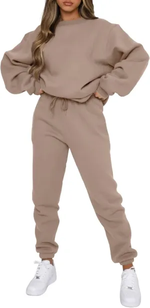 Viatabuna Women's 2 Piece Fleece Sweatsuit Outfit Long Sleeve Crewneck Pullover Sweatshirt Drawstring Jogger Pants Lounge Set