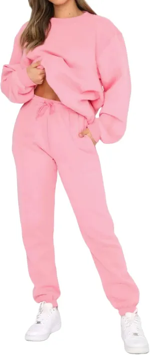 Viatabuna Women's 2 Piece Fleece Sweatsuit Outfit Long Sleeve Crewneck Pullover Sweatshirt Drawstring Jogger Pants Lounge Set