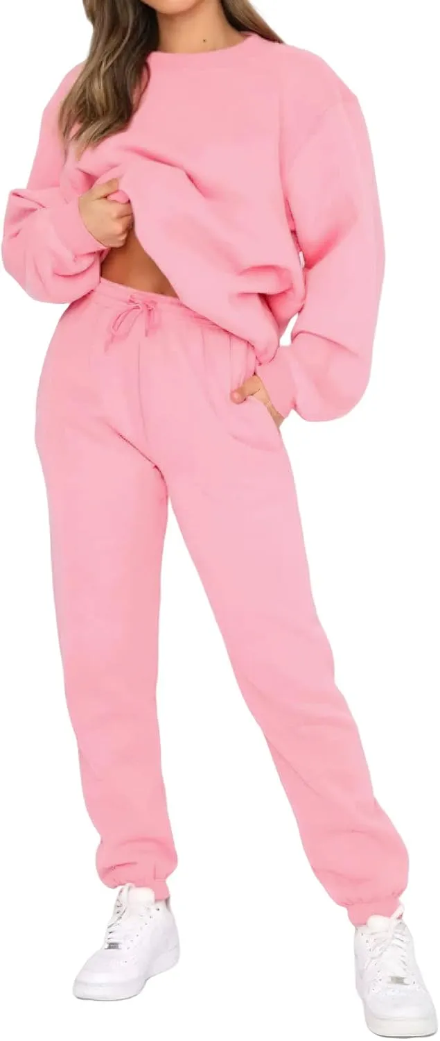 Viatabuna Women's 2 Piece Fleece Sweatsuit Outfit Long Sleeve Crewneck Pullover Sweatshirt Drawstring Jogger Pants Lounge Set