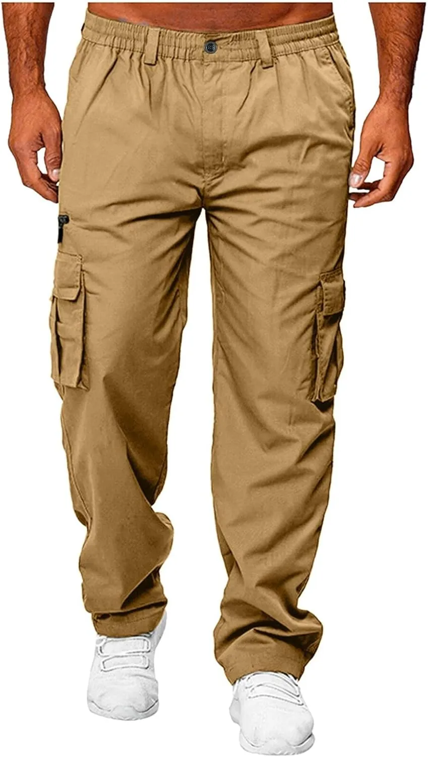 Vickyleb Mens Cargo Pants Elastic Waist Loose Fit Cotton Casual Lightweight Workwear Joggers Pants with Multi-Pockets