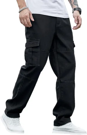 WDIRARA Men's Textured Cargo Jeans Straight Leg Denim Biker Pants with Multi Flap Pockets