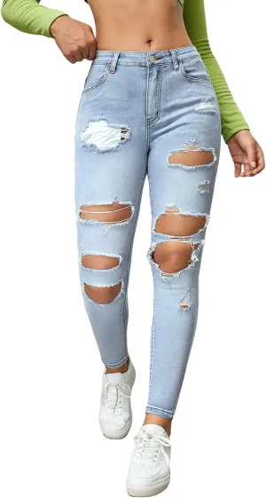 WDIRARA Women's High Waisted Ripped Skinny Jeans Stretch Distressed Denim Pants Light Wash S