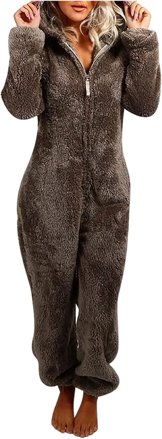 Winter Coats for Women Cute Fuzzy Fleece Jacket Warm Comfy Long Sleeve Hooded Sleepwear Jumpsuit 2024 Fashion Outfits