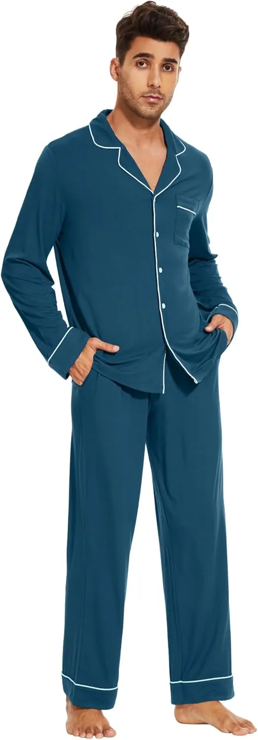WiWi Men's Pajama Set Soft Sleepwear Button Down Pajamas Sets Classic Notch Collar Loungewear Viscose from Bamboo Pjs S-XXL