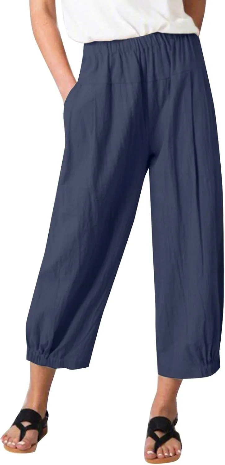 Women Capri Jeans High Waisted 2025 Spring Fashion Loose Pants Cropped Trousers Quick Dry Active Pockets Drawstring