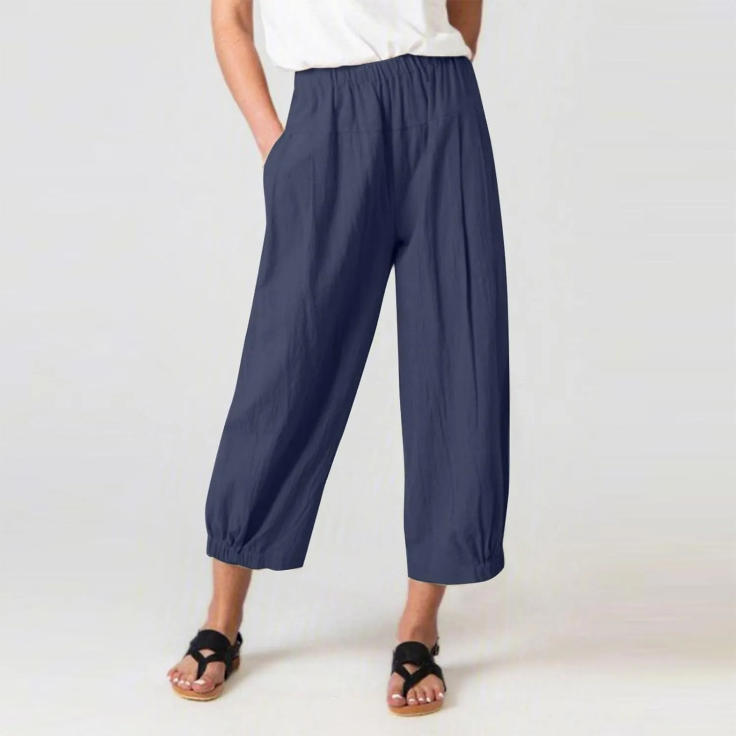 Women Capri Jeans High Waisted 2025 Spring Fashion Loose Pants Cropped Trousers Quick Dry Active Pockets Drawstring