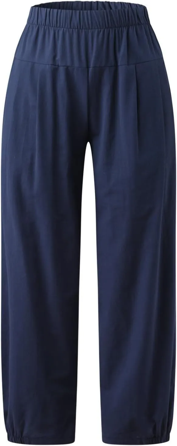 Women Capri Jeans High Waisted 2025 Spring Fashion Loose Pants Cropped Trousers Quick Dry Active Pockets Drawstring