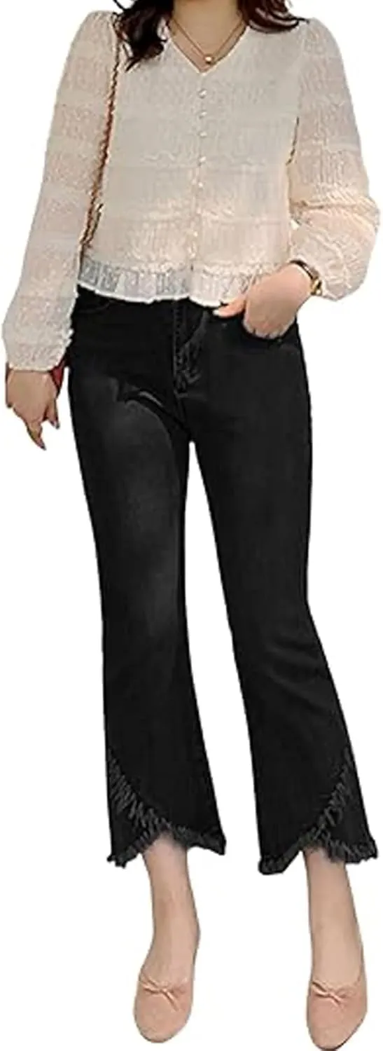 Women Cute Distressed Frayed Jeans High Waisted Stretch Irregular Hem Denim Pants Tassel Fringe Cropped Jeans