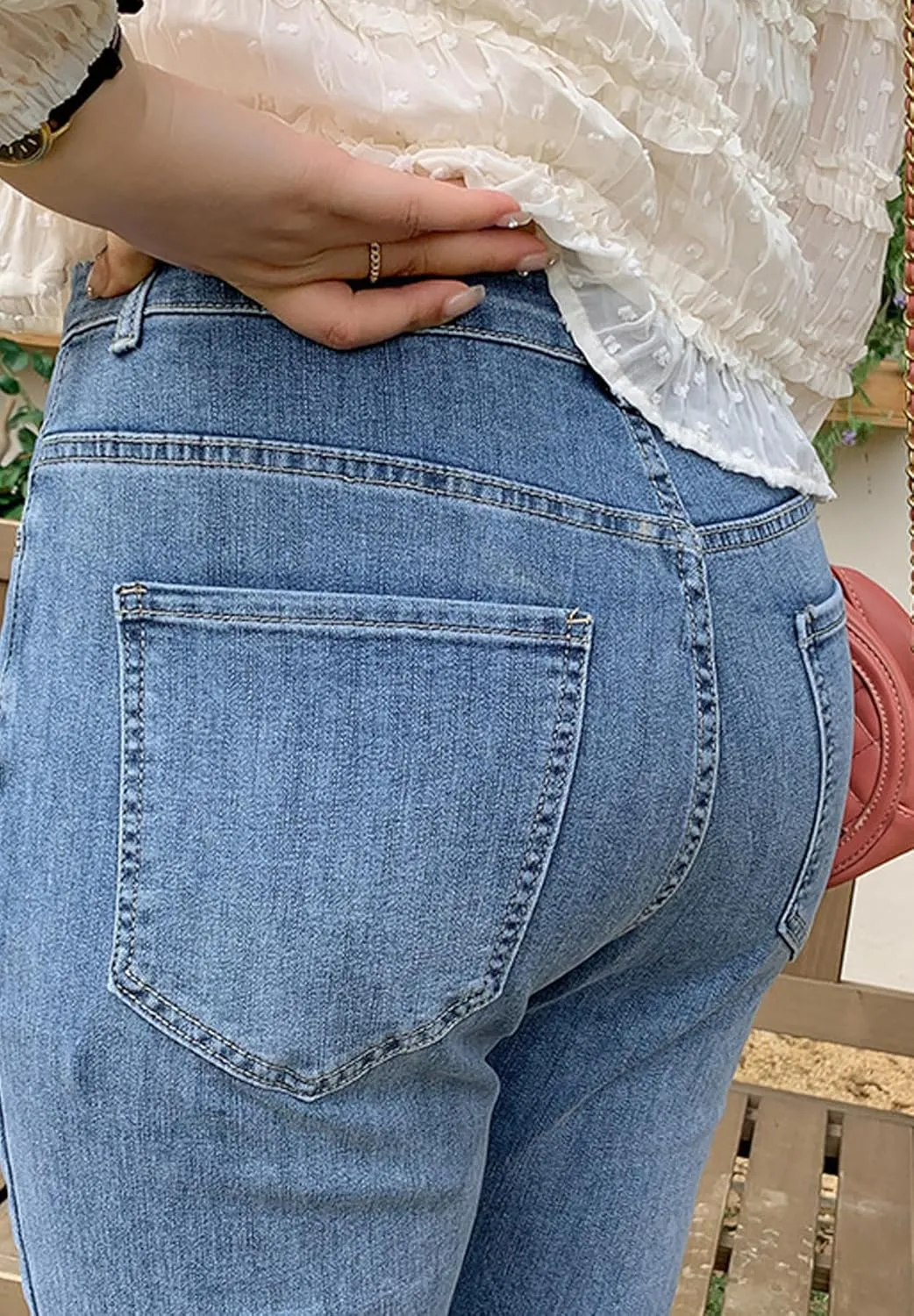 Women Cute Distressed Frayed Jeans High Waisted Stretch Irregular Hem Denim Pants Tassel Fringe Cropped Jeans