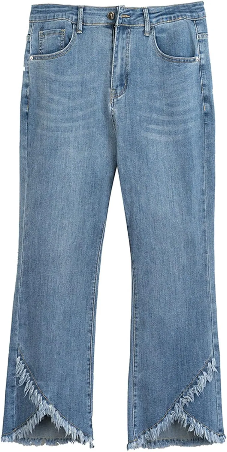 Women Cute Distressed Frayed Jeans High Waisted Stretch Irregular Hem Denim Pants Tassel Fringe Cropped Jeans