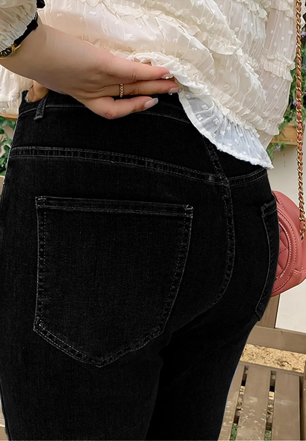Women Cute Distressed Frayed Jeans High Waisted Stretch Irregular Hem Denim Pants Tassel Fringe Cropped Jeans