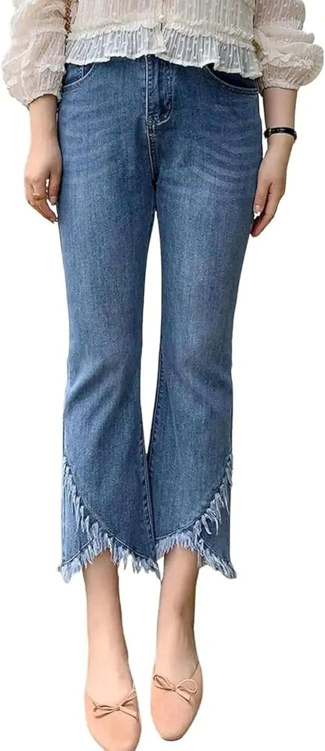 Women Cute Distressed Frayed Jeans High Waisted Stretch Irregular Hem Denim Pants Tassel Fringe Cropped Jeans