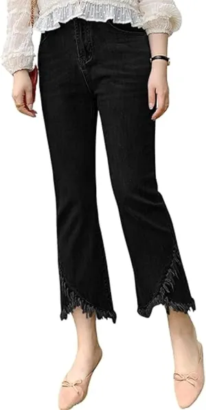 Women Cute Distressed Frayed Jeans High Waisted Stretch Irregular Hem Denim Pants Tassel Fringe Cropped Jeans