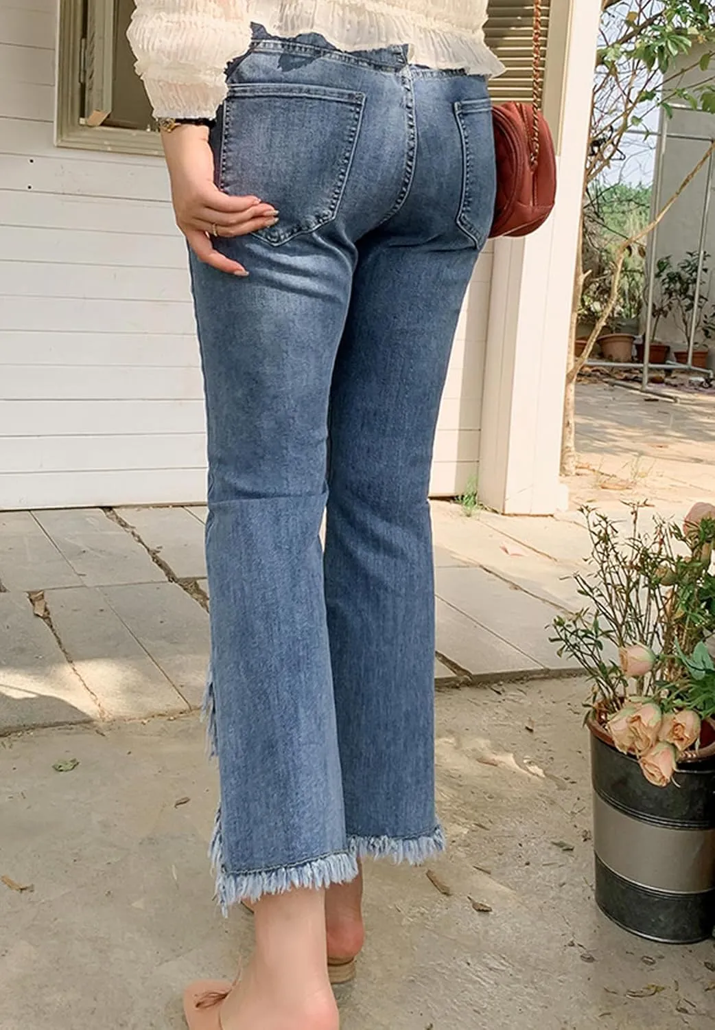 Women Cute Distressed Frayed Jeans High Waisted Stretch Irregular Hem Denim Pants Tassel Fringe Cropped Jeans
