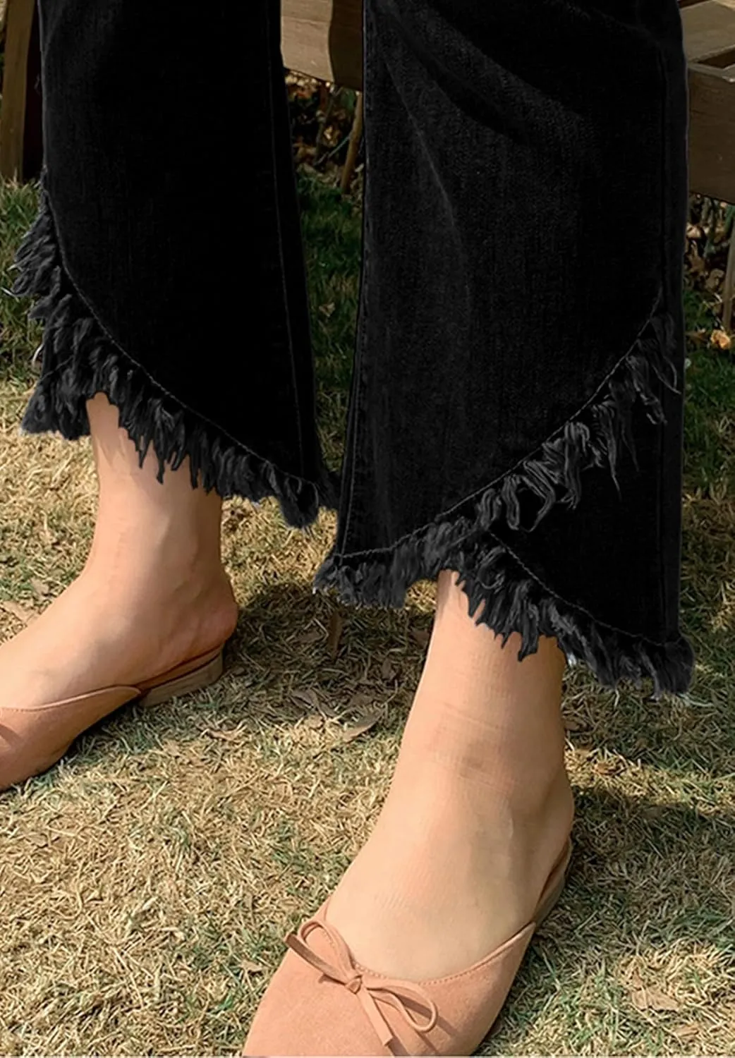 Women Cute Distressed Frayed Jeans High Waisted Stretch Irregular Hem Denim Pants Tassel Fringe Cropped Jeans