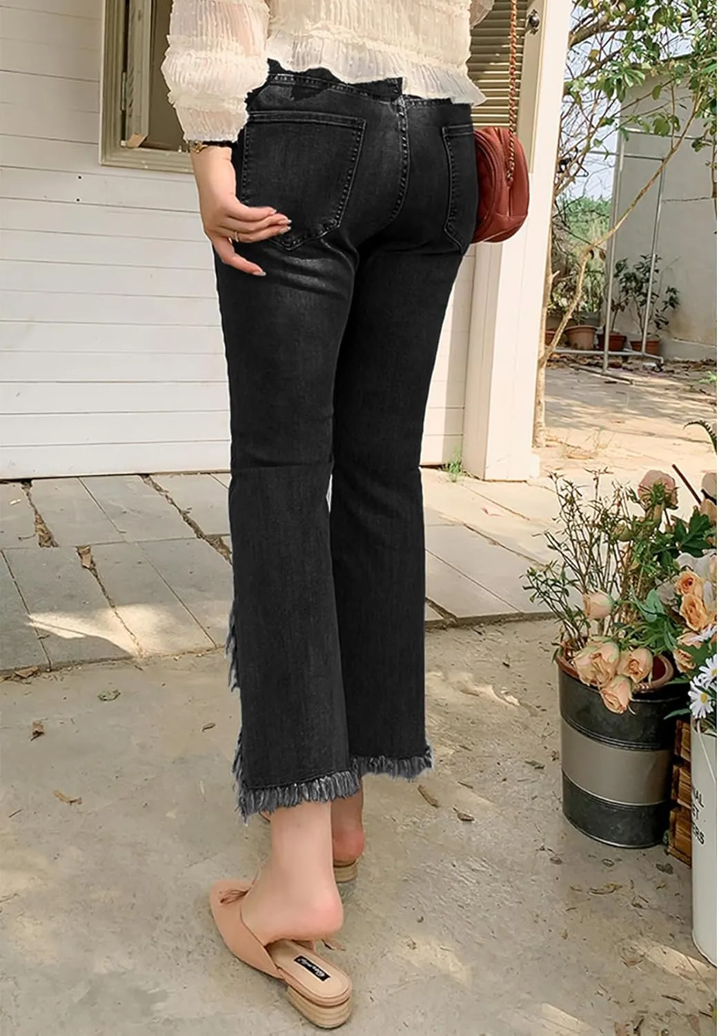 Women Cute Distressed Frayed Jeans High Waisted Stretch Irregular Hem Denim Pants Tassel Fringe Cropped Jeans