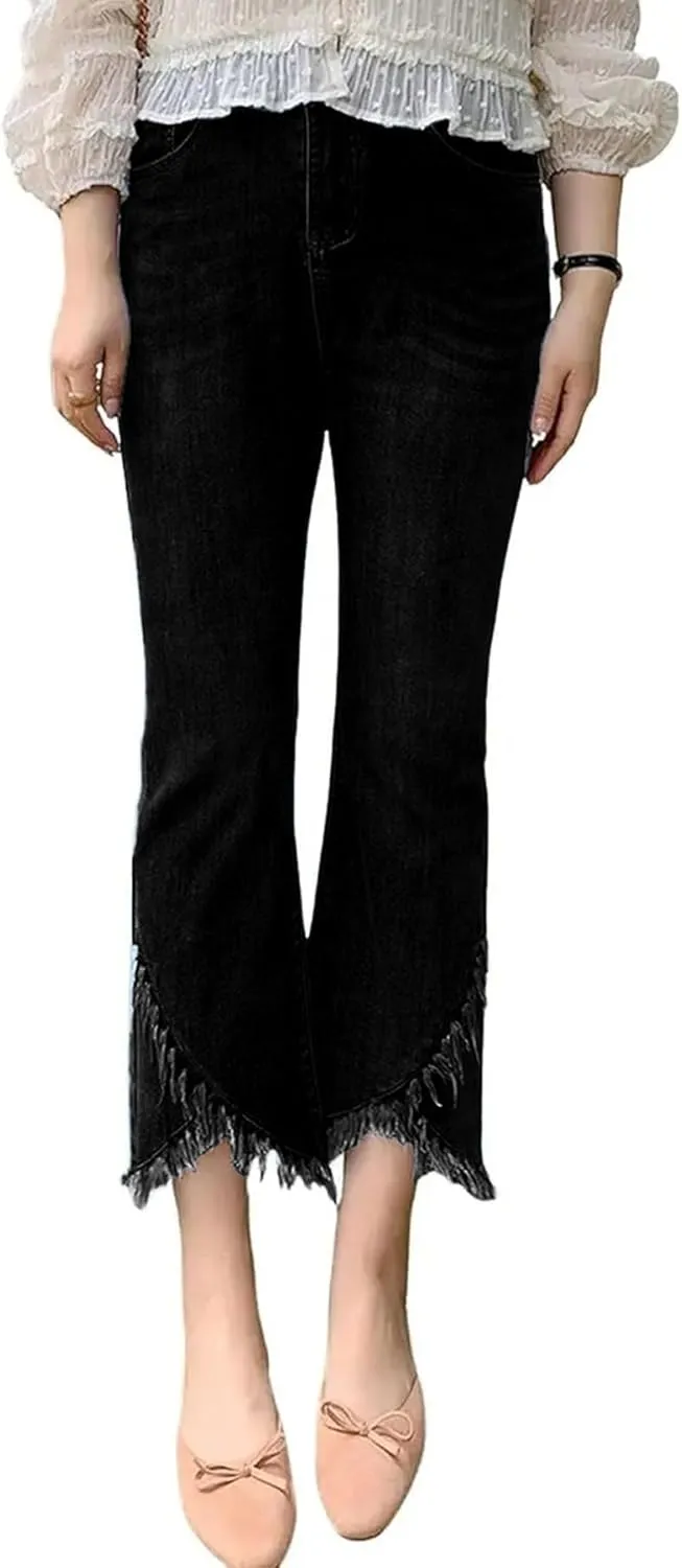 Women Cute Distressed Frayed Jeans High Waisted Stretch Irregular Hem Denim Pants Tassel Fringe Cropped Jeans