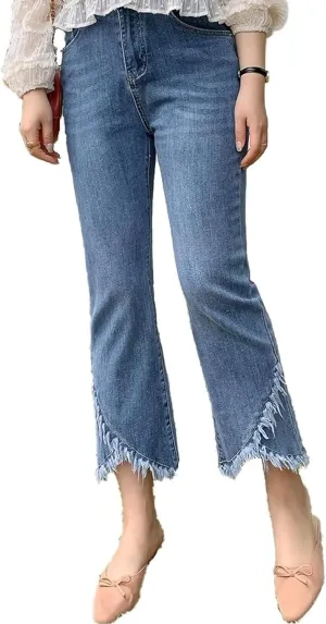 Women Cute Distressed Frayed Jeans High Waisted Stretch Irregular Hem Denim Pants Tassel Fringe Cropped Jeans