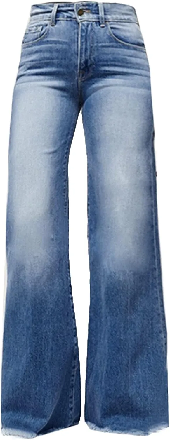 Women Flare Jeans Stretch High Waisted Bell Bottom Jeans Raw Hem Denim Pants Plus Size Stretchy Classic Baggy Trouser