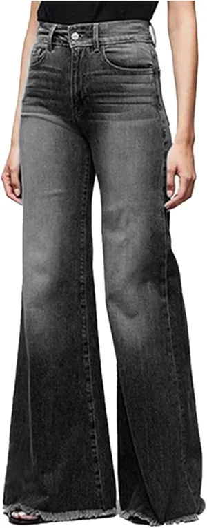 Women Flare Jeans Stretch High Waisted Bell Bottom Jeans Raw Hem Denim Pants Plus Size Stretchy Classic Baggy Trouser