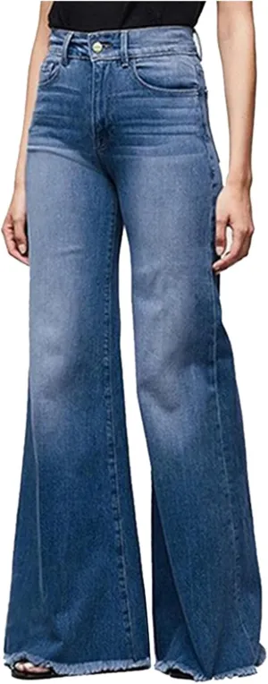 Women Flare Jeans Stretch High Waisted Bell Bottom Jeans Raw Hem Denim Pants Plus Size Stretchy Classic Baggy Trouser