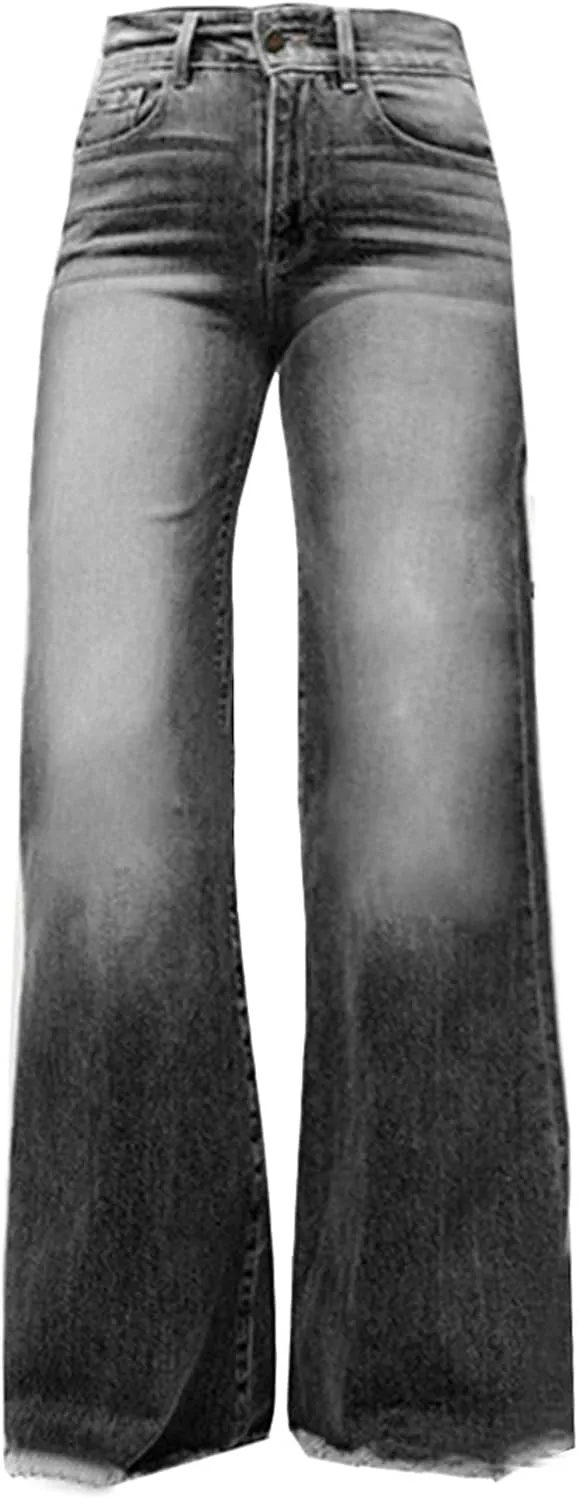 Women Flare Jeans Stretch High Waisted Bell Bottom Jeans Raw Hem Denim Pants Plus Size Stretchy Classic Baggy Trouser