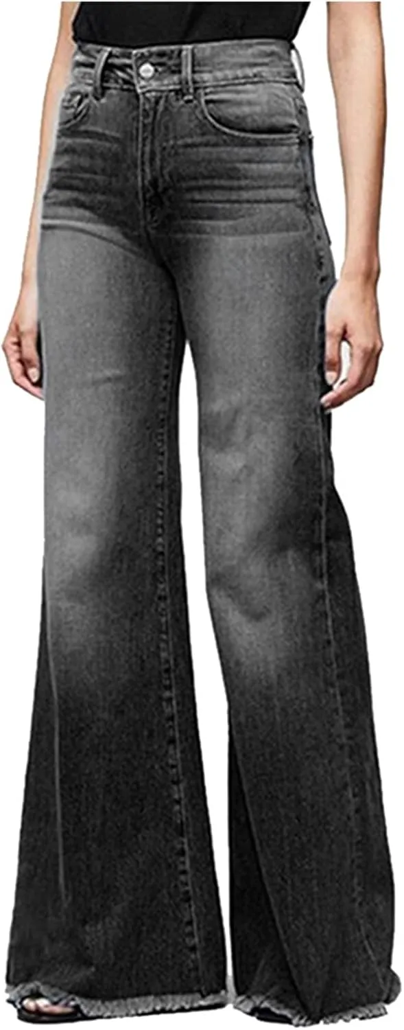 Women Flare Jeans Stretch High Waisted Bell Bottom Jeans Raw Hem Denim Pants Plus Size Stretchy Classic Baggy Trouser