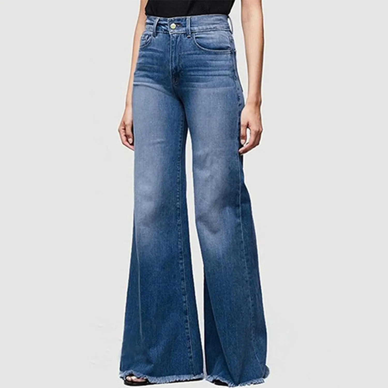 Women Flare Jeans Stretch High Waisted Bell Bottom Jeans Raw Hem Denim Pants Plus Size Stretchy Classic Baggy Trouser