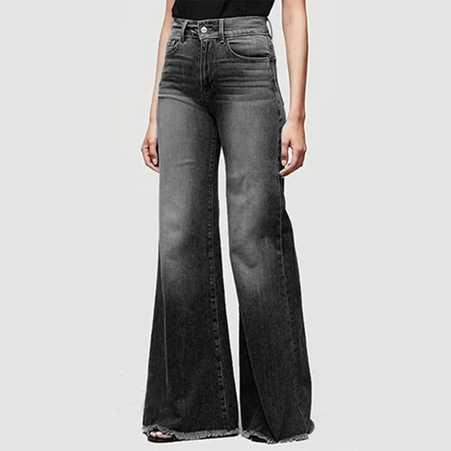 Women Flare Jeans Stretch High Waisted Bell Bottom Jeans Raw Hem Denim Pants Plus Size Stretchy Classic Baggy Trouser