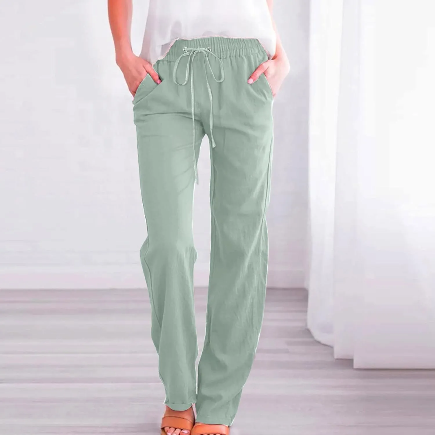 Women High Waisted Wide Leg Solid Color Pants Casual Drawstring Elastic Trousers Comfy Straight Leg Long