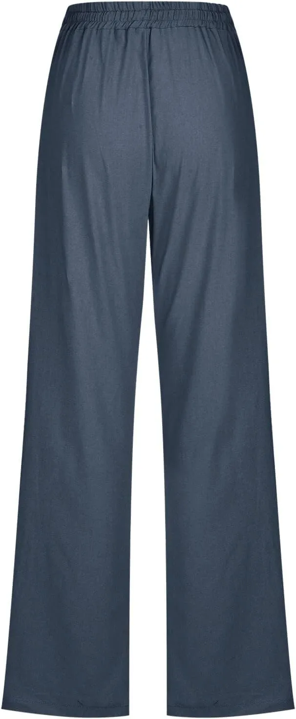 Women High Waisted Wide Leg Solid Color Pants Casual Drawstring Elastic Trousers Comfy Straight Leg Long