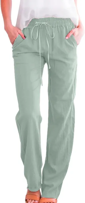 Women High Waisted Wide Leg Solid Color Pants Casual Drawstring Elastic Trousers Comfy Straight Leg Long