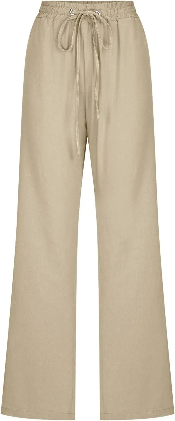 Women High Waisted Wide Leg Solid Color Pants Casual Drawstring Elastic Trousers Comfy Straight Leg Long