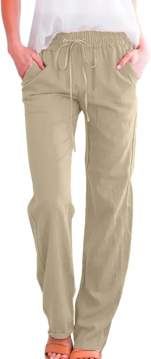Women High Waisted Wide Leg Solid Color Pants Casual Drawstring Elastic Trousers Comfy Straight Leg Long