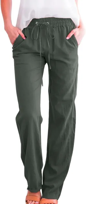 Women High Waisted Wide Leg Solid Color Pants Casual Drawstring Elastic Trousers Comfy Straight Leg Long