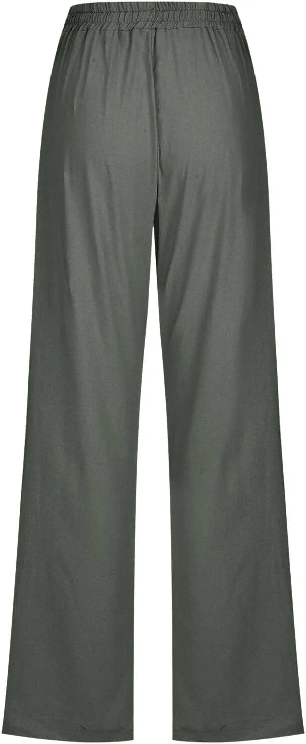 Women High Waisted Wide Leg Solid Color Pants Casual Drawstring Elastic Trousers Comfy Straight Leg Long