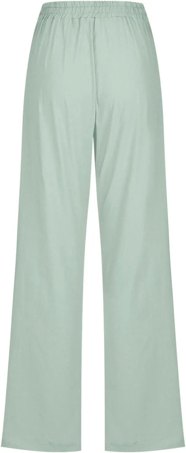 Women High Waisted Wide Leg Solid Color Pants Casual Drawstring Elastic Trousers Comfy Straight Leg Long