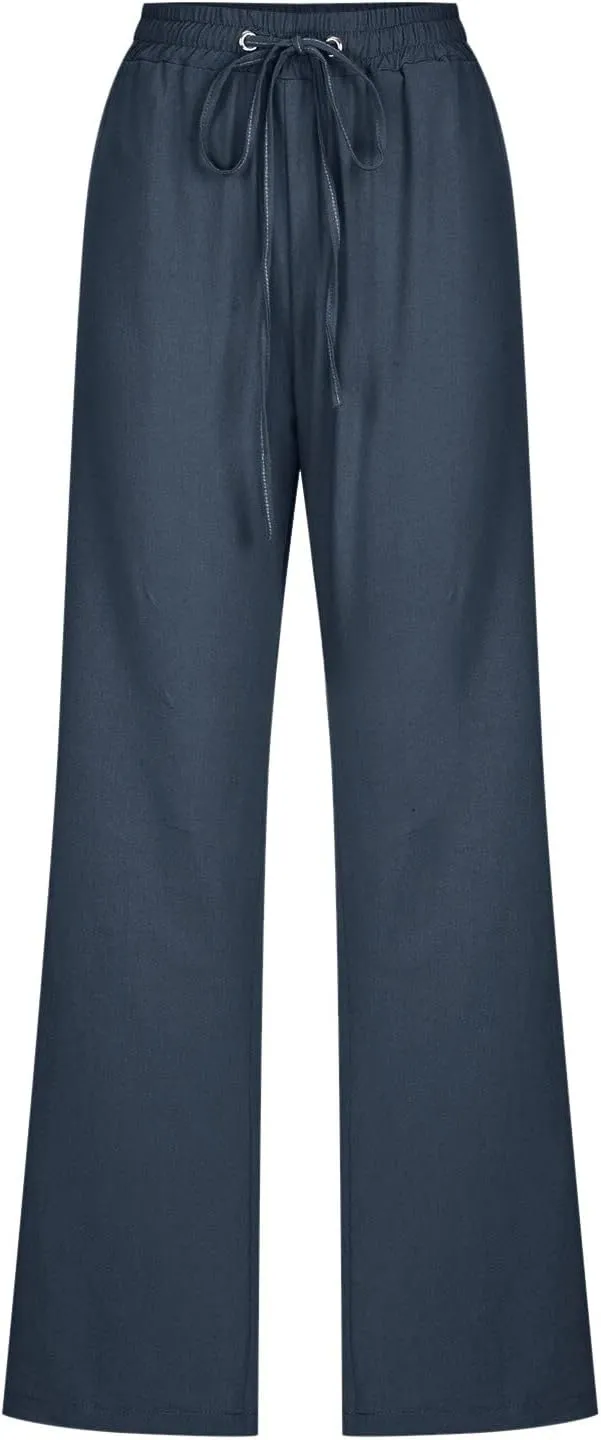 Women High Waisted Wide Leg Solid Color Pants Casual Drawstring Elastic Trousers Comfy Straight Leg Long