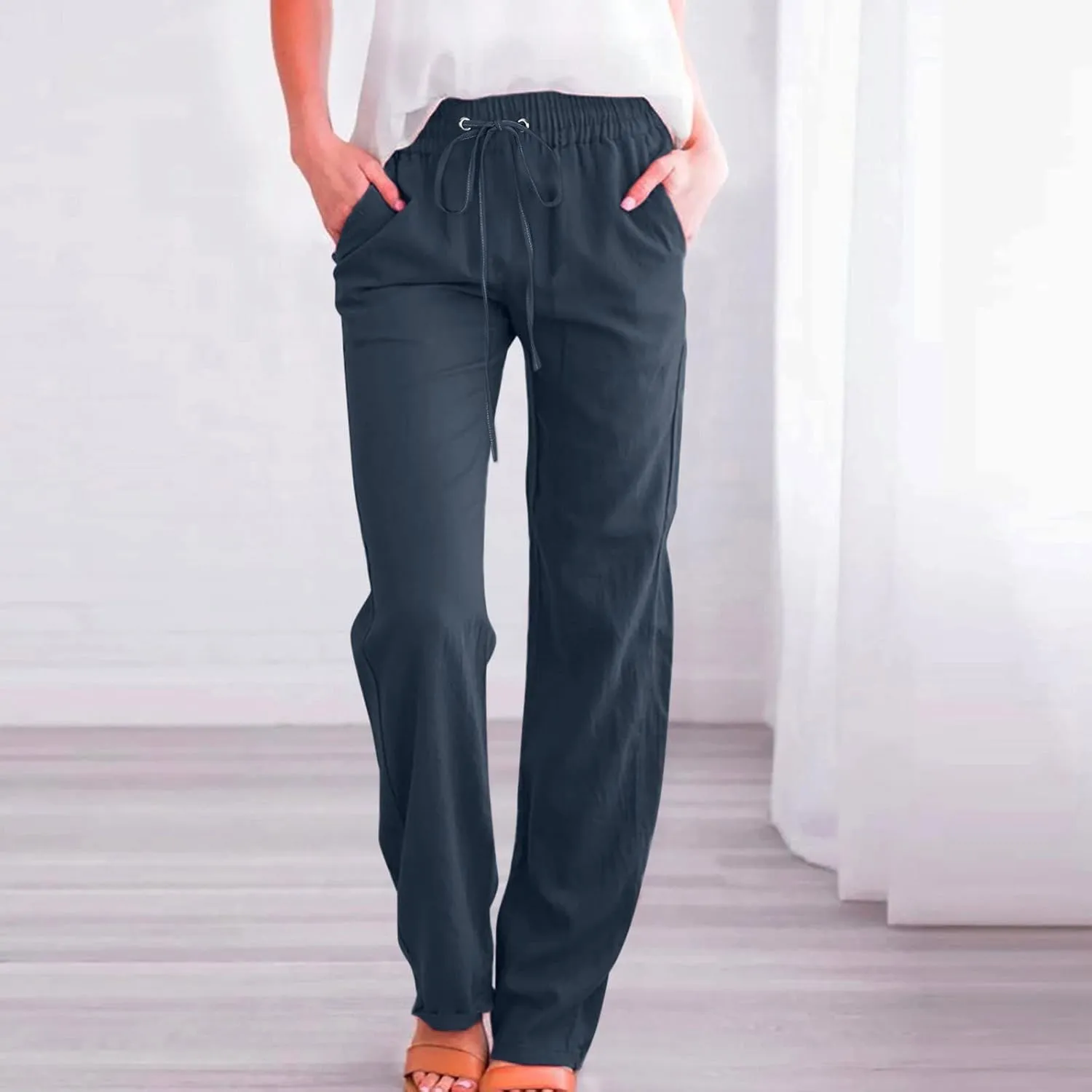 Women High Waisted Wide Leg Solid Color Pants Casual Drawstring Elastic Trousers Comfy Straight Leg Long