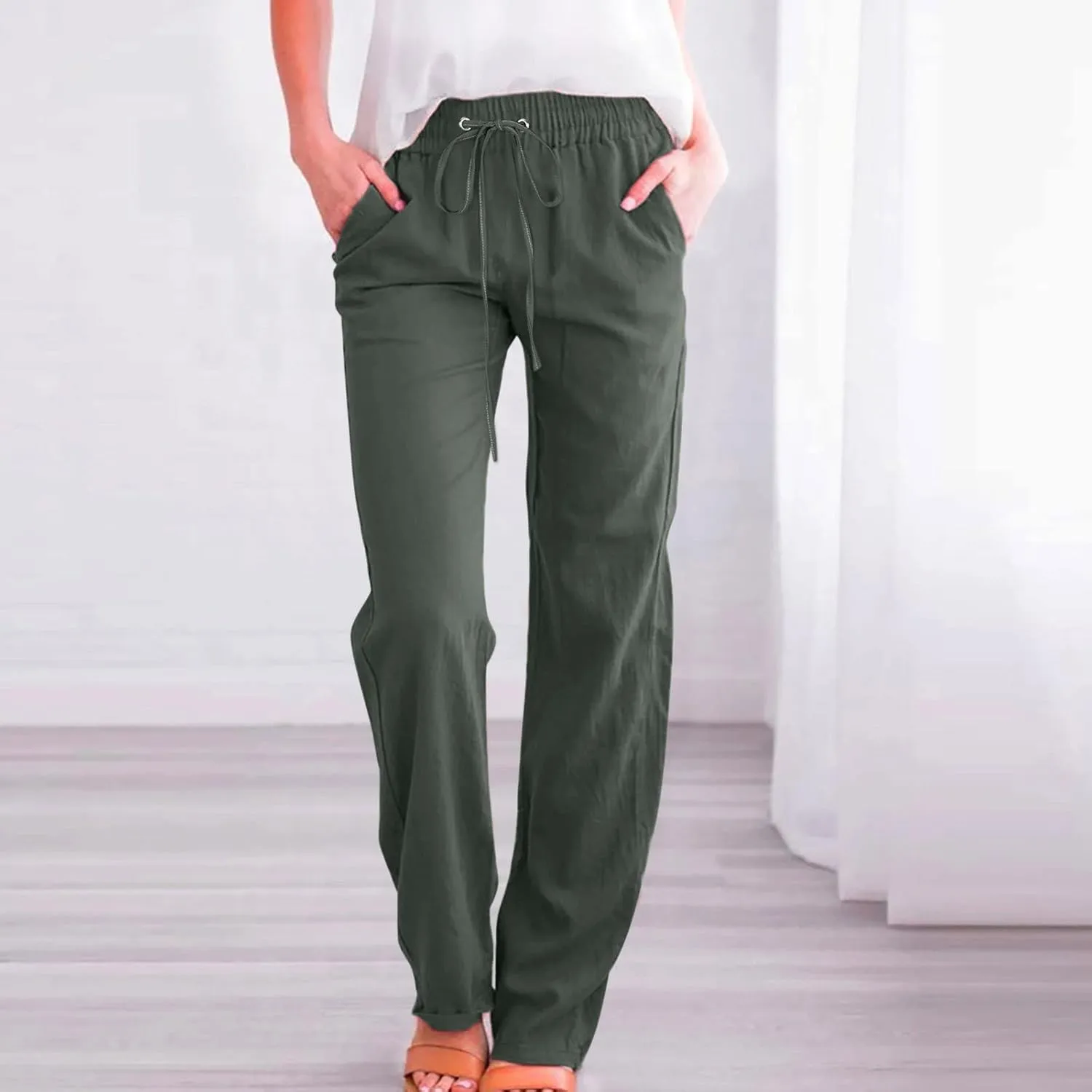 Women High Waisted Wide Leg Solid Color Pants Casual Drawstring Elastic Trousers Comfy Straight Leg Long