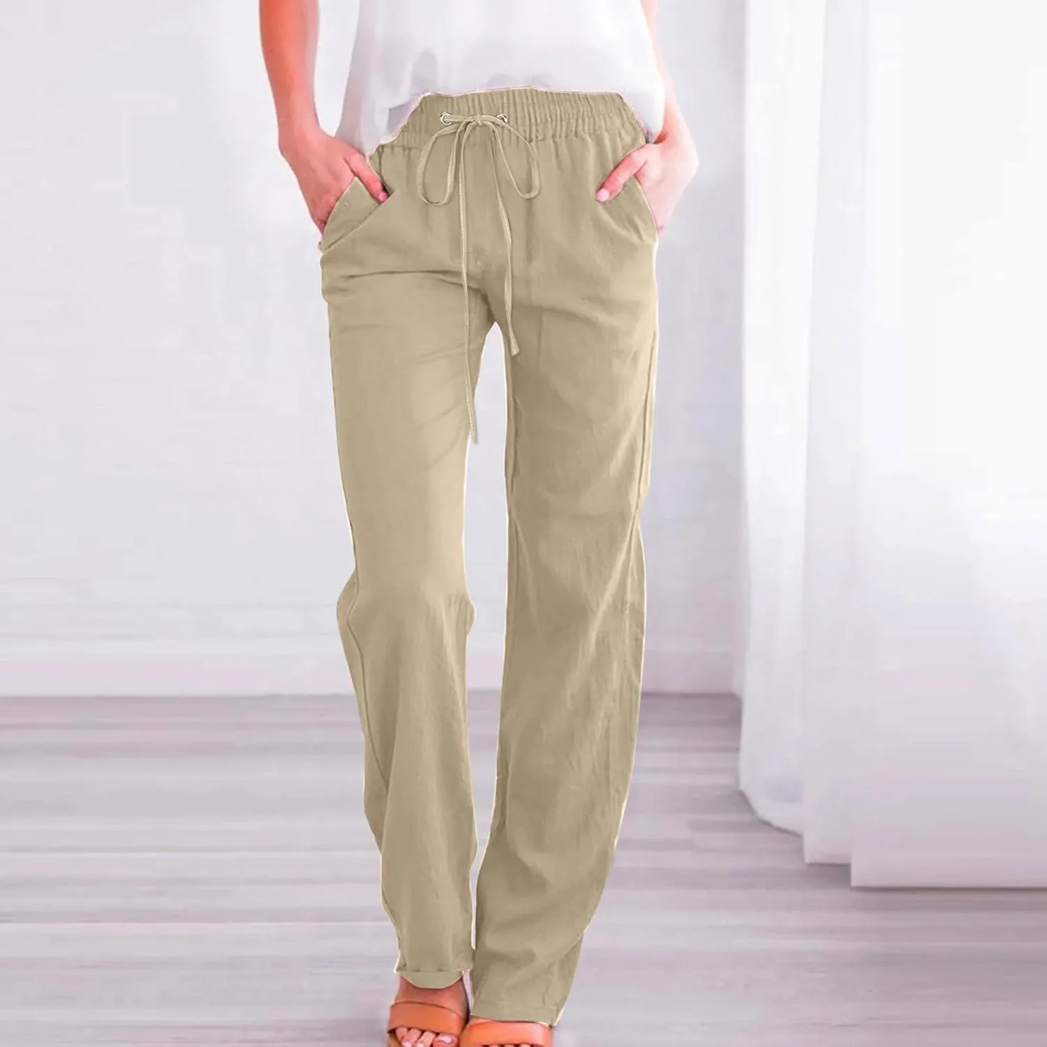 Women High Waisted Wide Leg Solid Color Pants Casual Drawstring Elastic Trousers Comfy Straight Leg Long