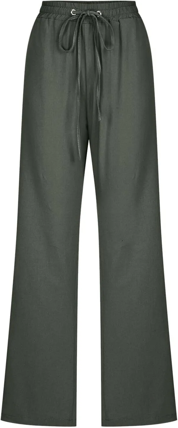 Women High Waisted Wide Leg Solid Color Pants Casual Drawstring Elastic Trousers Comfy Straight Leg Long
