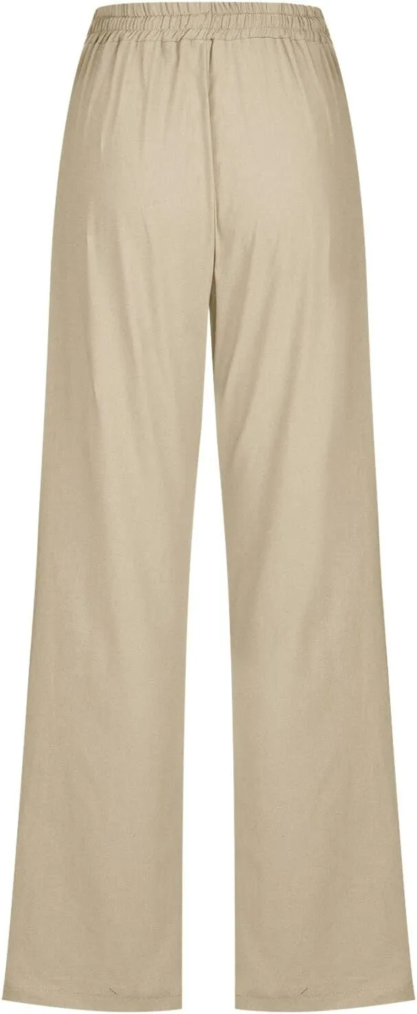 Women High Waisted Wide Leg Solid Color Pants Casual Drawstring Elastic Trousers Comfy Straight Leg Long