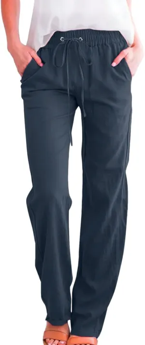 Women High Waisted Wide Leg Solid Color Pants Casual Drawstring Elastic Trousers Comfy Straight Leg Long