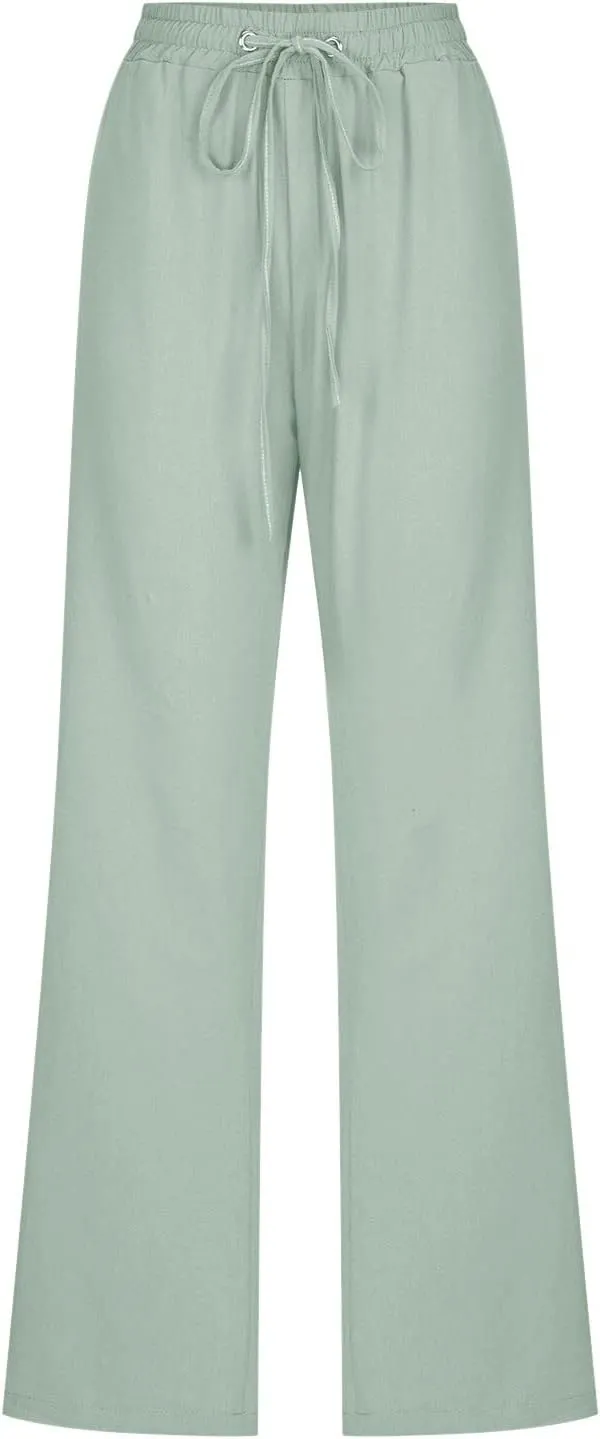 Women High Waisted Wide Leg Solid Color Pants Casual Drawstring Elastic Trousers Comfy Straight Leg Long