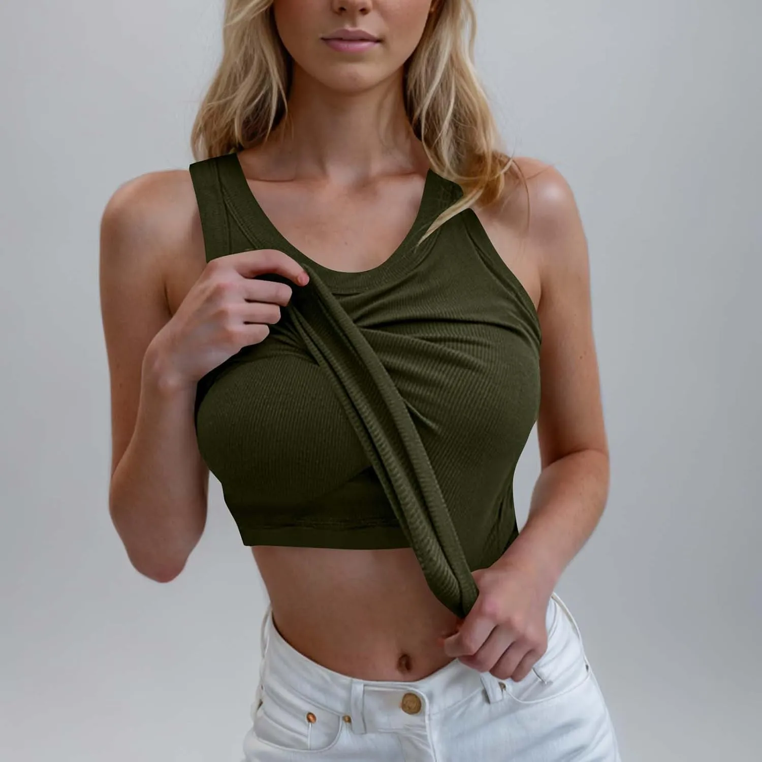 Women Tank Tops with Built in Bras, Ribbed Knitted Athletic Camisole for Women, Fitness Workout Running Basic Shirts