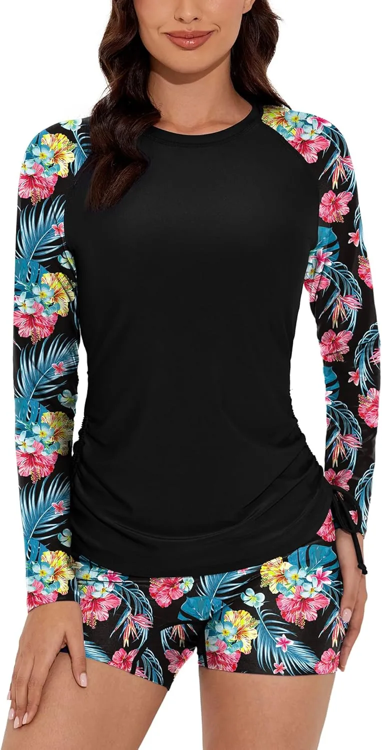 Women Two Piece Rash Guard Swimsuits Long Sleeve Built in Bra Swim Shirt UPF 50  Bathing Suit with Boyshorts