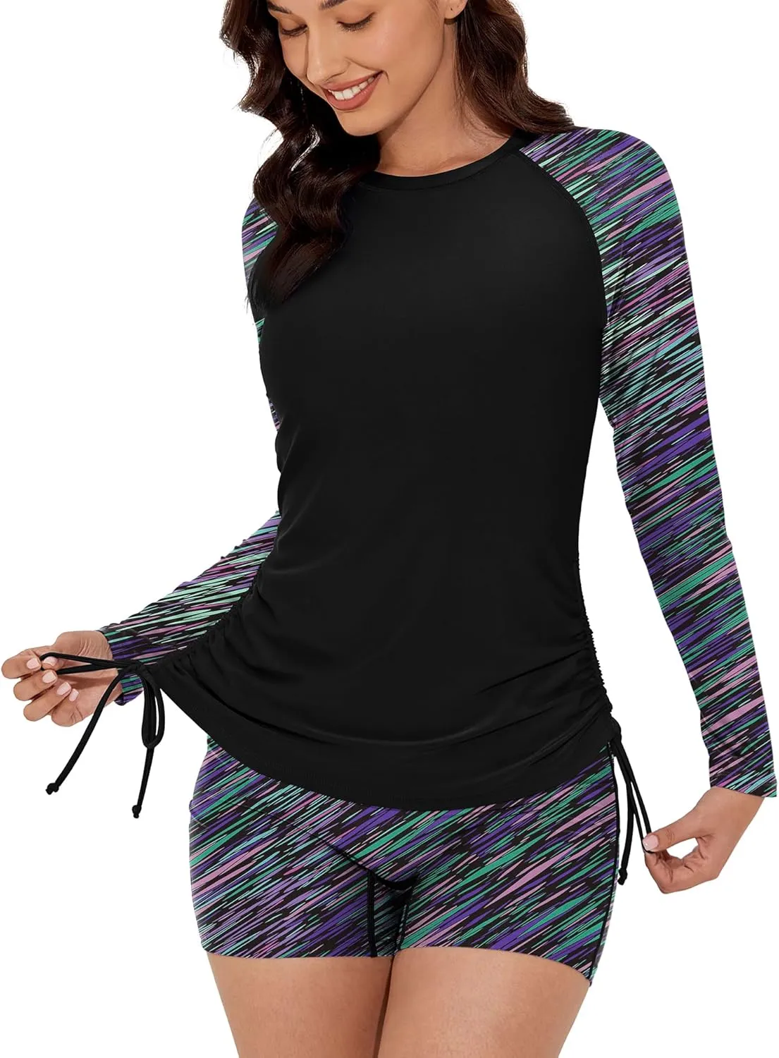 Women Two Piece Rash Guard Swimsuits Long Sleeve Built in Bra Swim Shirt UPF 50  Bathing Suit with Boyshorts