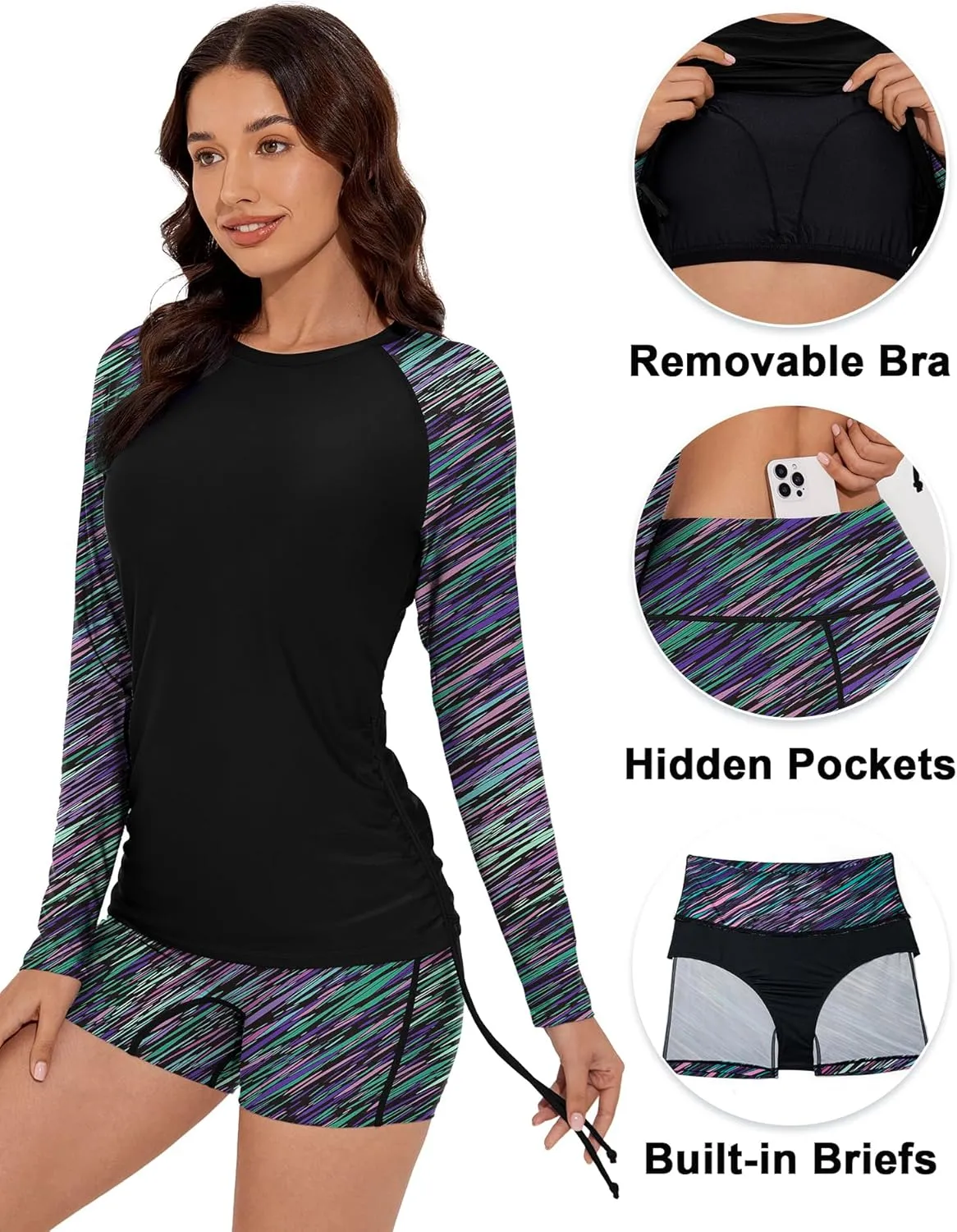 Women Two Piece Rash Guard Swimsuits Long Sleeve Built in Bra Swim Shirt UPF 50  Bathing Suit with Boyshorts