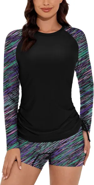 Women Two Piece Rash Guard Swimsuits Long Sleeve Built in Bra Swim Shirt UPF 50  Bathing Suit with Boyshorts